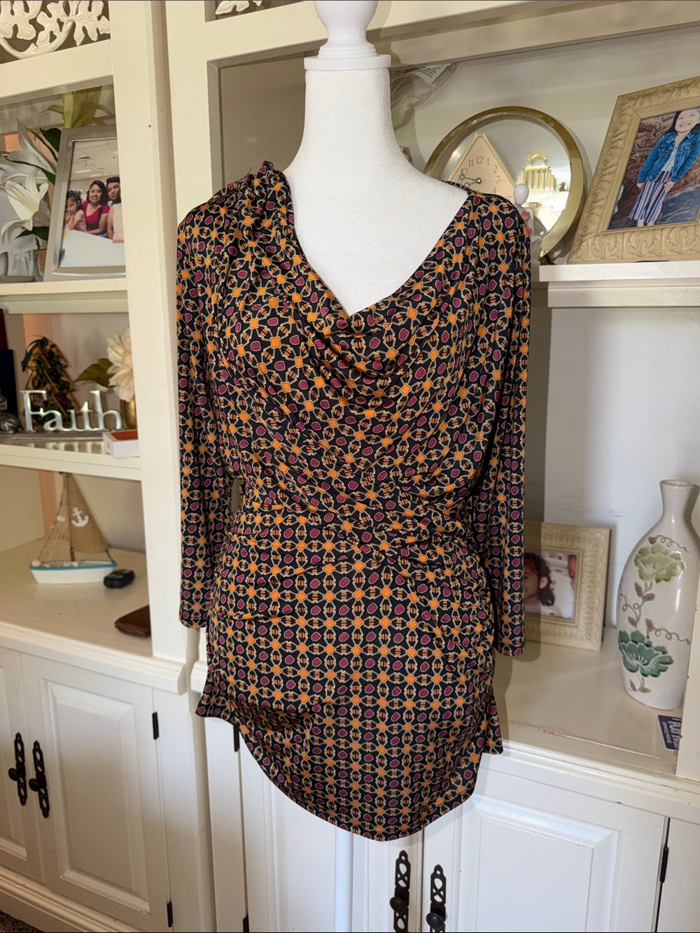 Worthington Black Long-Sleeve Cowl Neck Dress with Pink and Tan Geometric Print